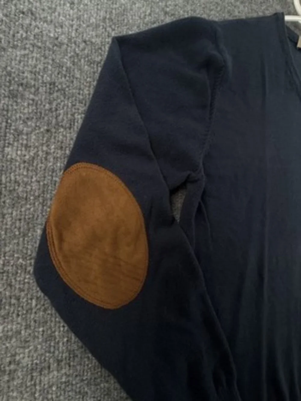 Burberry Italy Cotton Pullover Logo V-Neck Mens Blue Medium Elbow Patches Knit